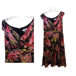 Coldwater Creek Floral Pink and Black Dress Cross Front Neck line Size 14
